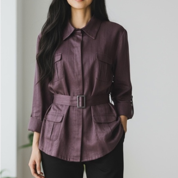 Valerie Stevens Jackets & Blazers - VALERIE STEVENS 100 % Linen Belted Dark Brown Utility Safari Style Jacket Sz 16